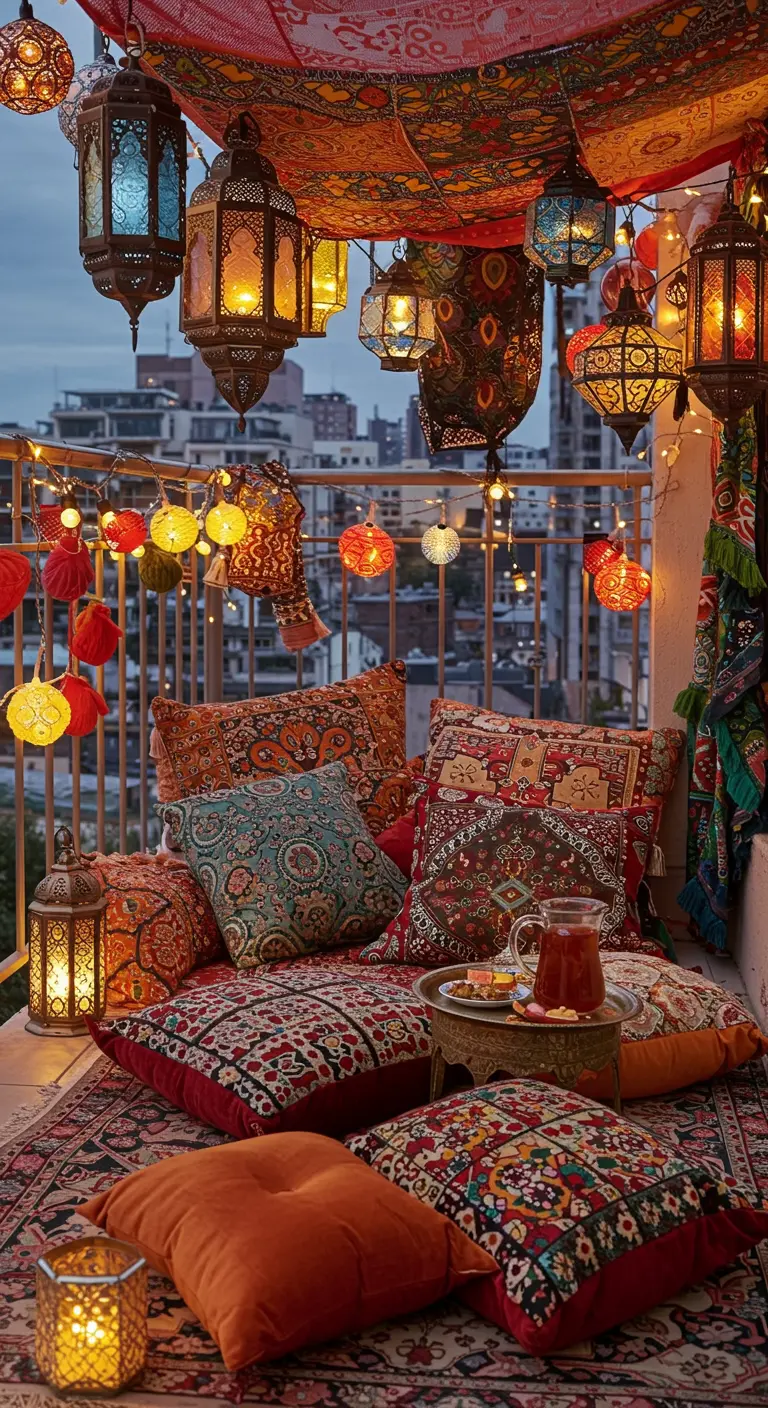 Balcony with hanging ornate lanterns, patterned rugs, and colorful floor cushions.