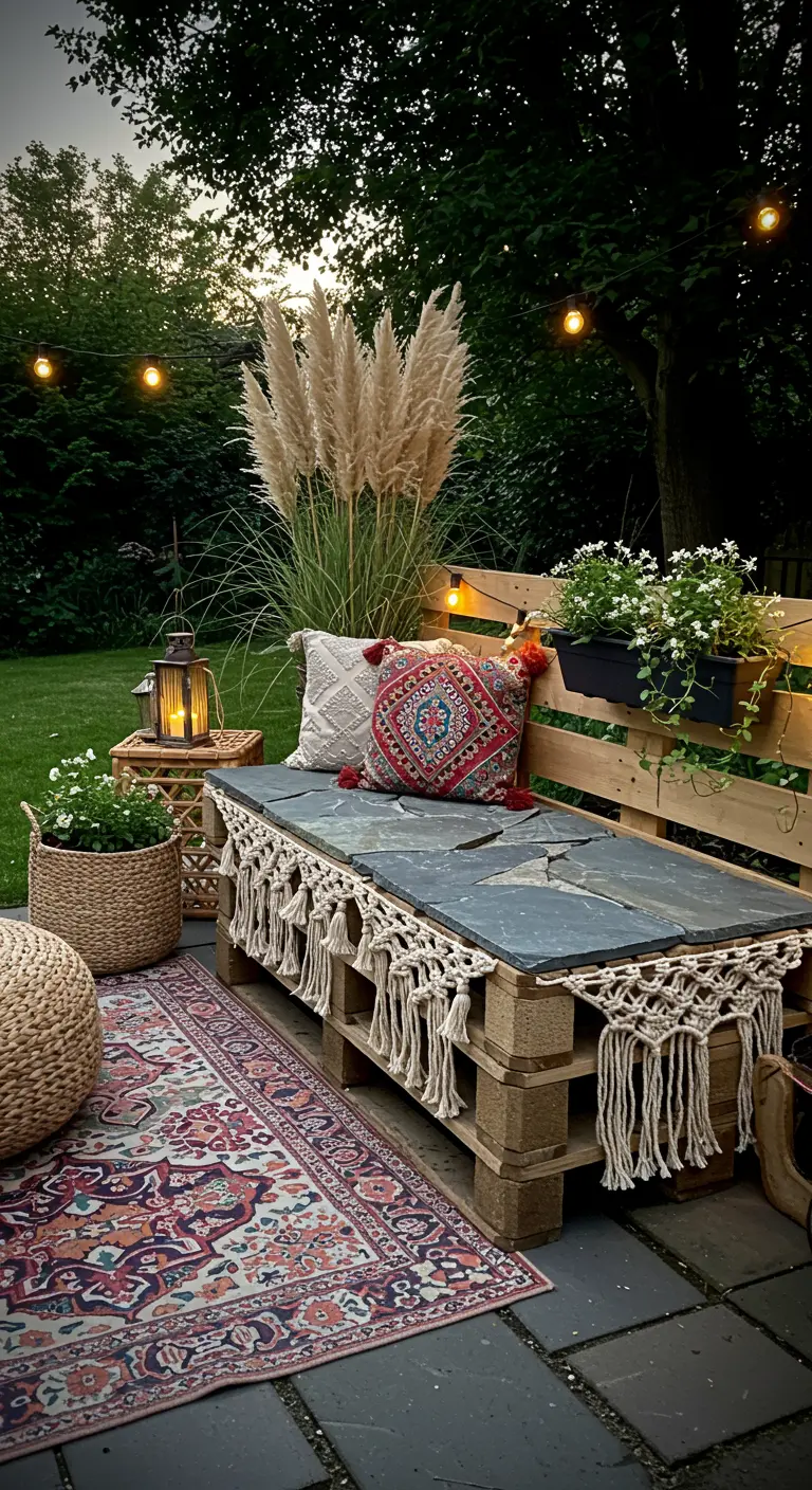 A bohemian-style pallet bench with a macrame fringe, colorful pillows, and a patterned rug.