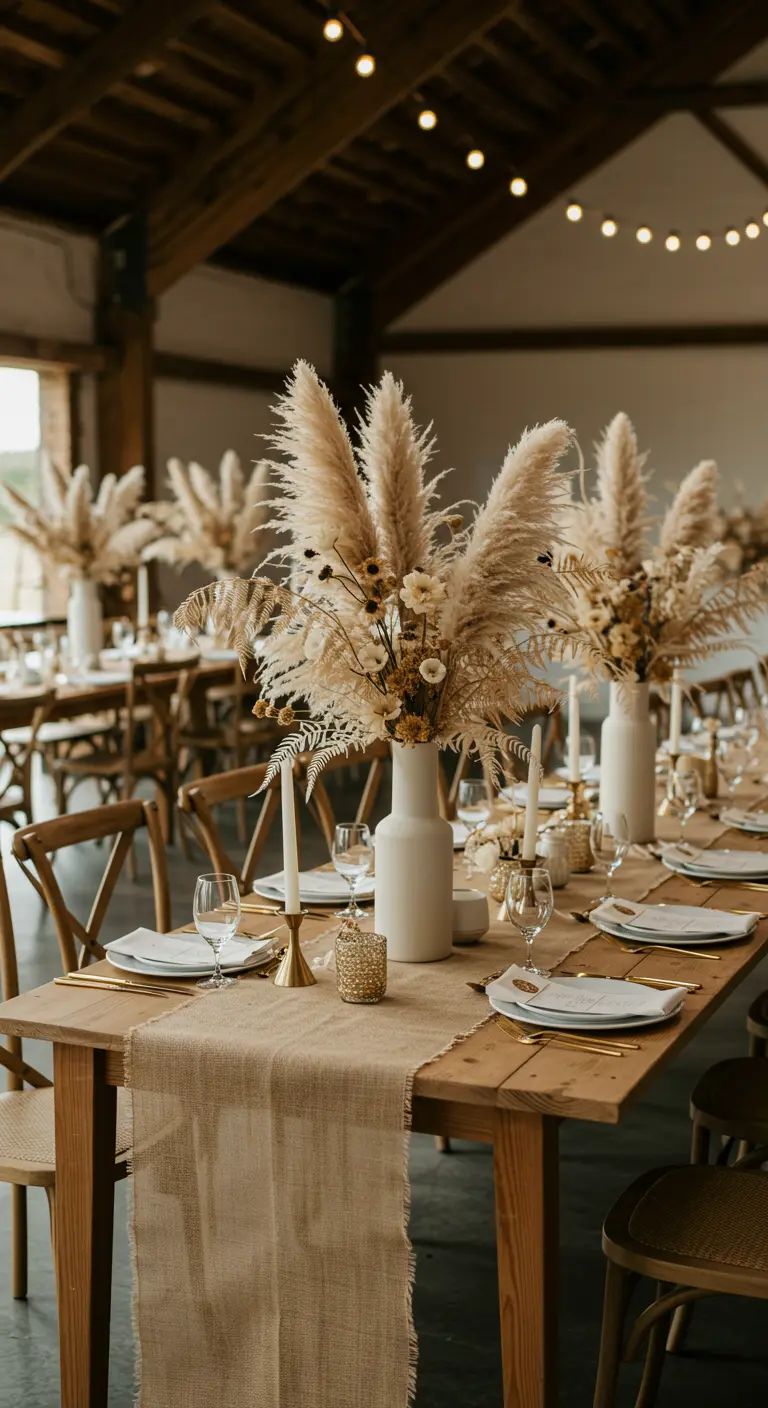 Tall pampas grass arrangement in a white vase on a rustic table.