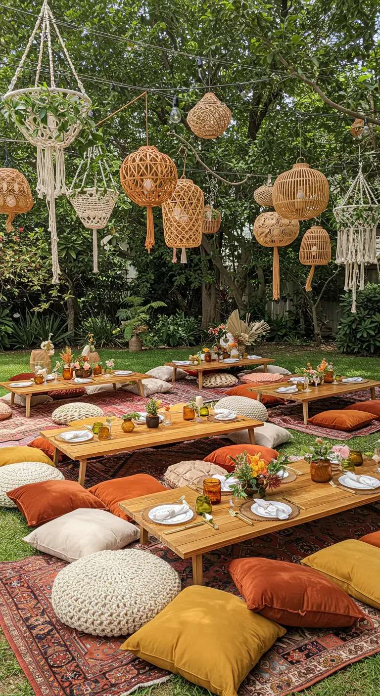 Boho-style picnic in a garden with low tables, rattan lanterns, and colorful cushions.