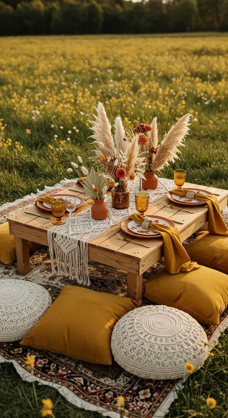 Low boho picnic table with pampas grass and floor cushions.