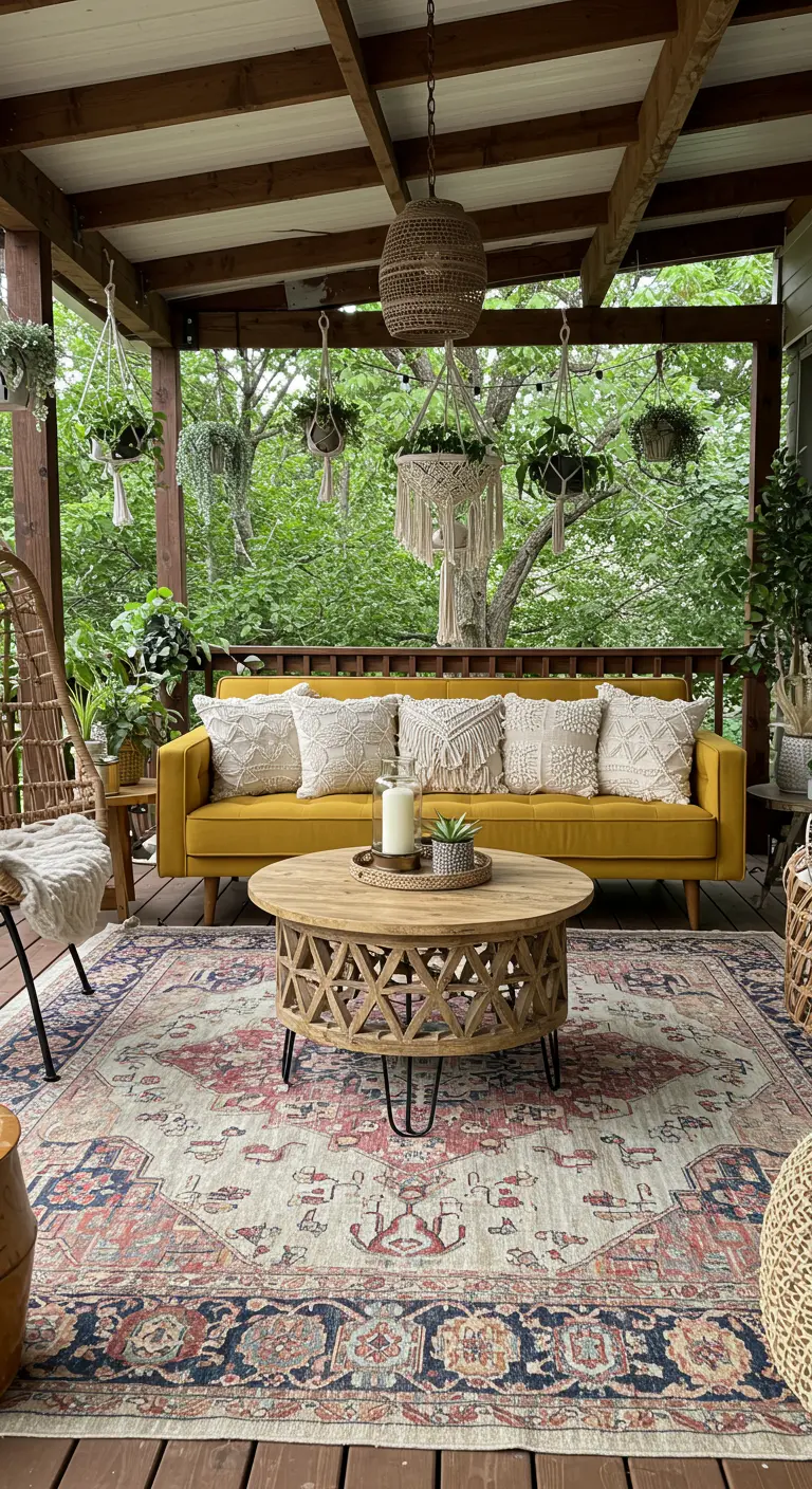 A mustard sofa on a porch decorated with macrame pillows, hanging plants, and a large patterned rug.