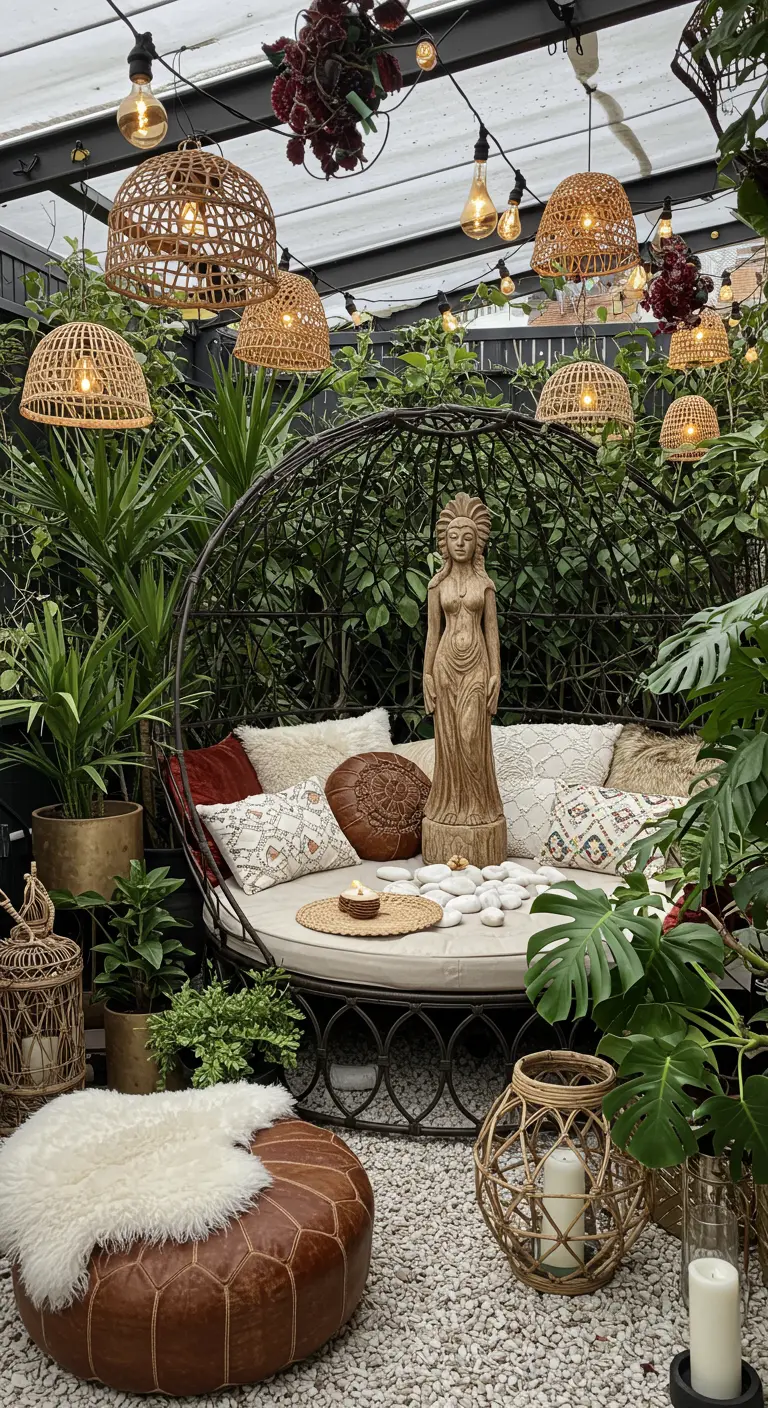 A lush bohemian patio with a large round daybed, rattan lanterns, and tropical plants.
