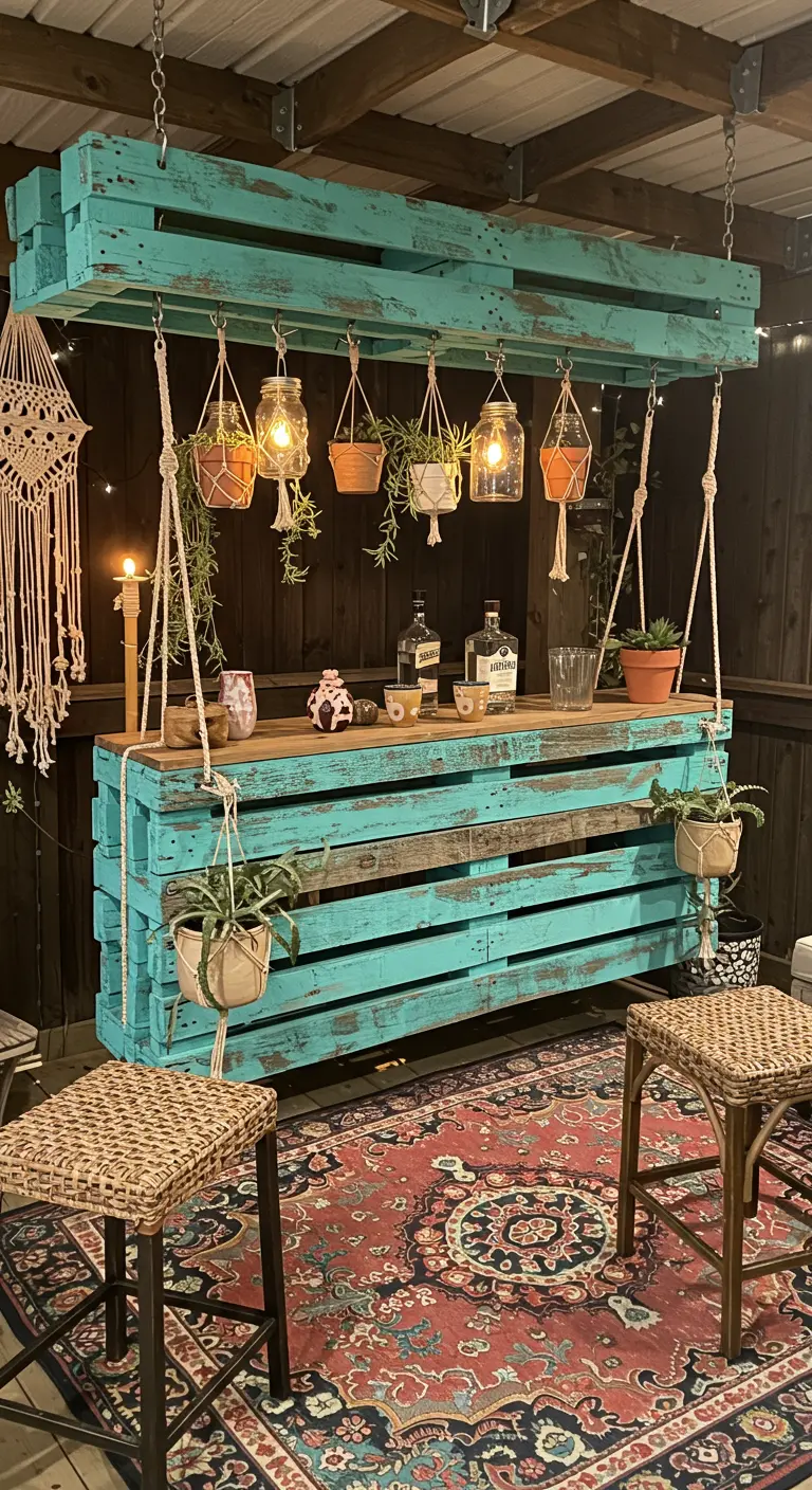 A vibrant turquoise pallet bar with a matching overhead pallet canopy and hanging plants.