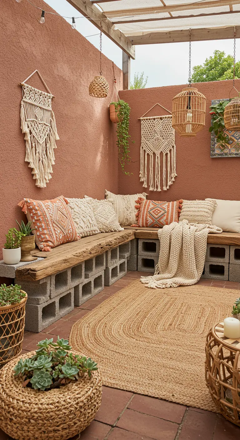 A large L-shaped cinder block bench with boho pillows, macrame wall hangings, and a jute rug.