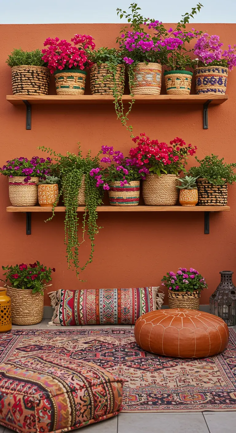 Shelves on a terracotta wall, packed with colorful bougainvillea in diverse woven baskets.