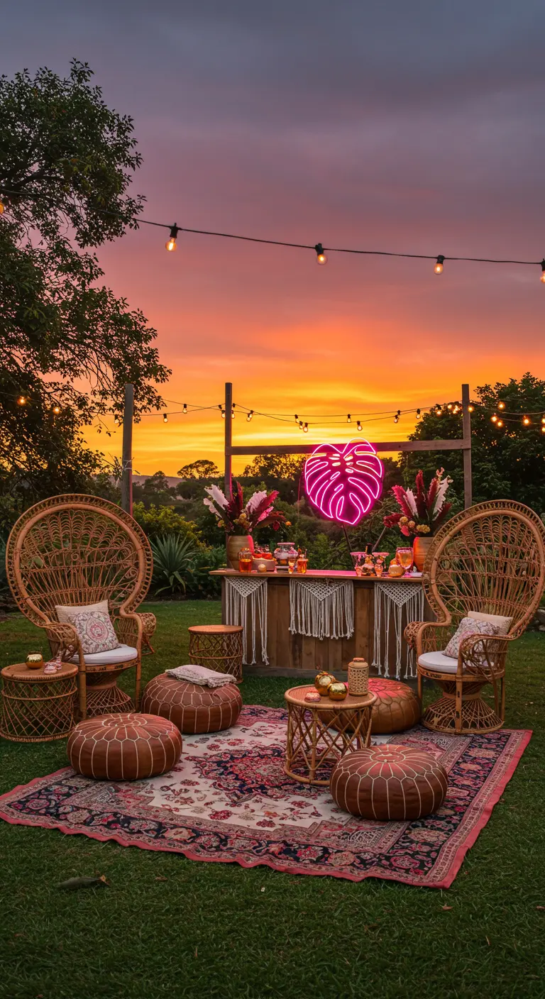 Boho garden party with a pink monstera leaf neon sign and rattan furniture.