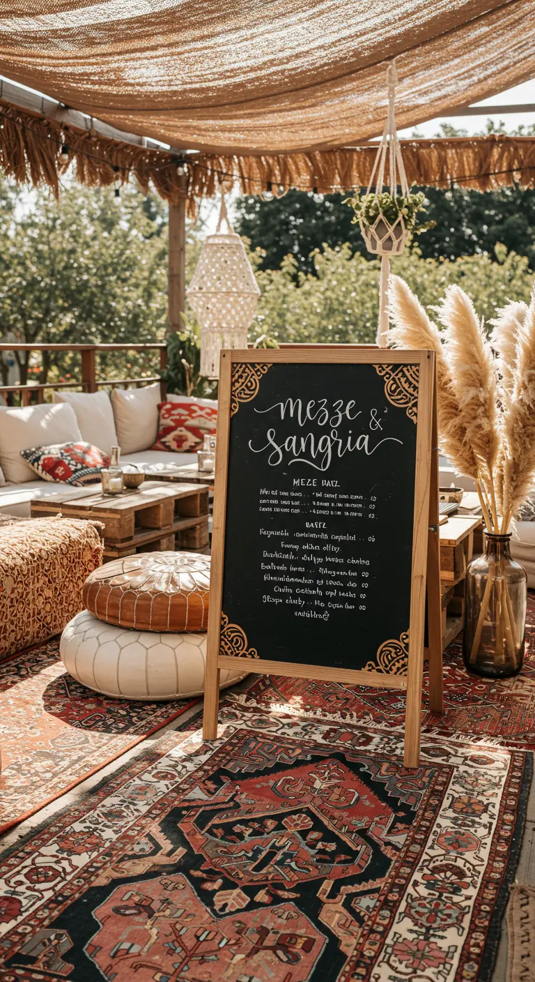 A chalkboard menu on an easel in a bohemian-style outdoor lounge.