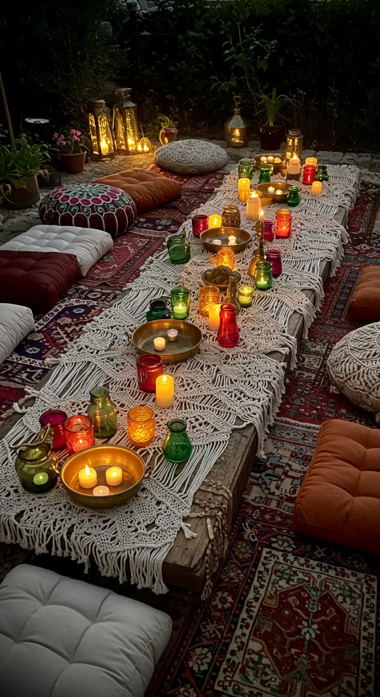 A low table set for a bohemian-style floor party with rugs, cushions, and numerous candles.