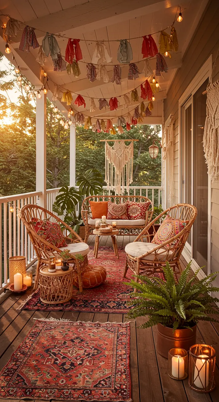 A cozy boho porch with rattan furniture, layered rugs, macrame, and colorful garlands on string lights.