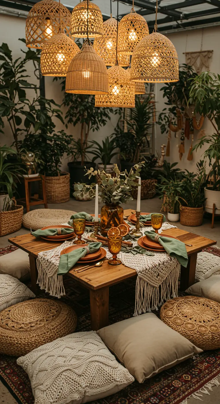 Boho-style low dining table with floor cushions and a macrame runner.