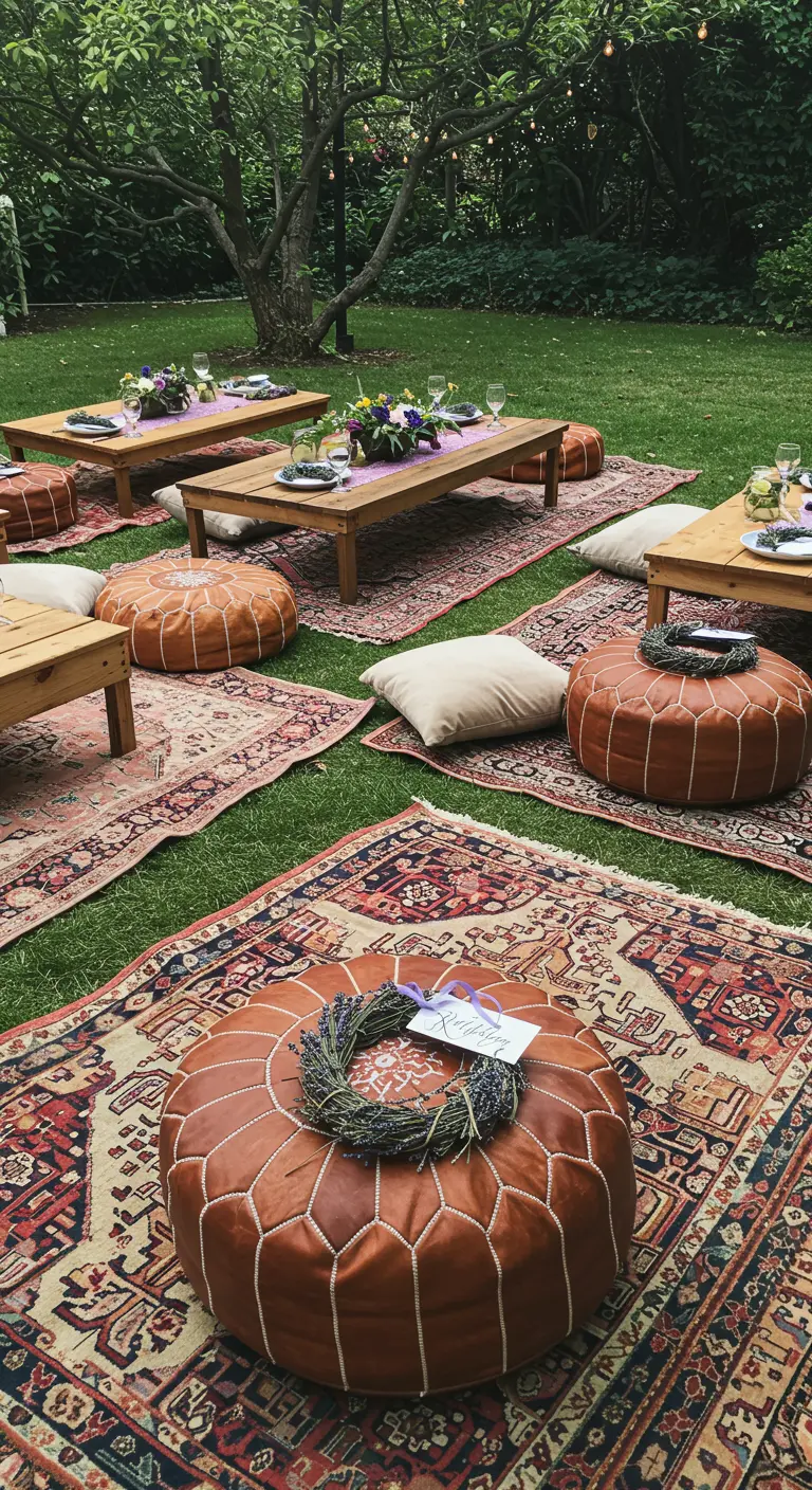 A bohemian-style picnic setup on grass with layered rugs, low tables, and leather poufs.