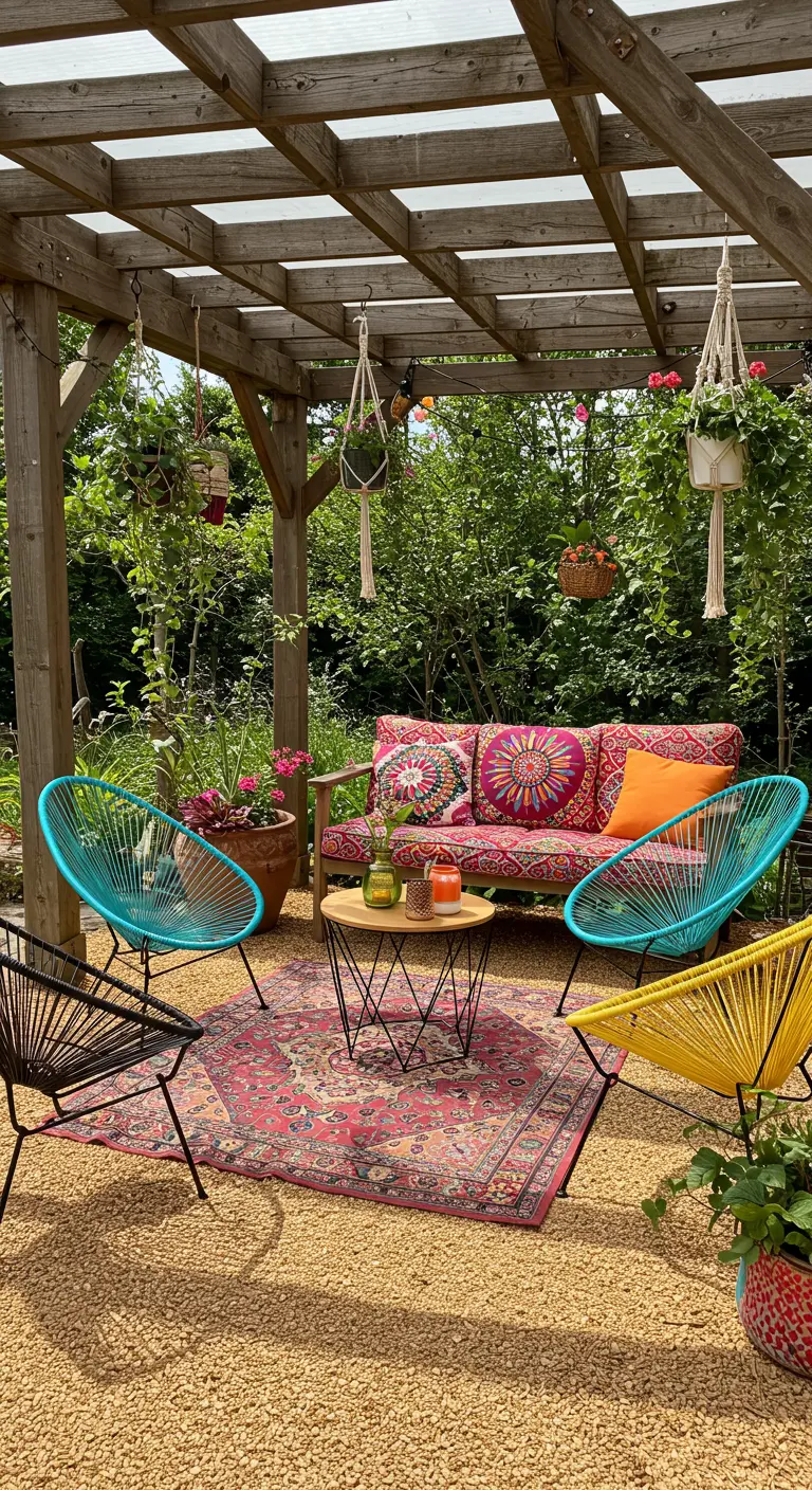 A colorful bohemian patio with mismatched wireframe chairs, a patterned rug, and hanging plants under a pergola.