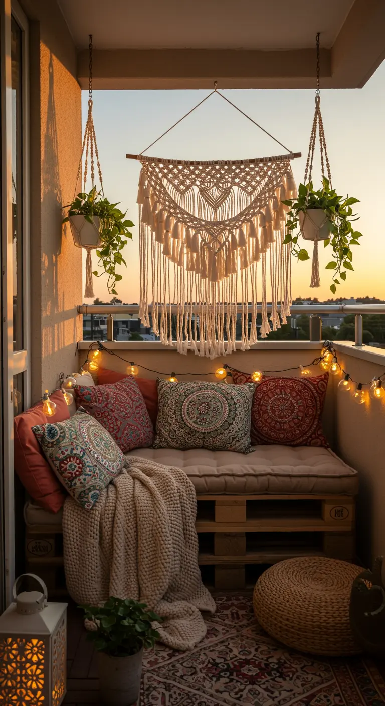 A cozy boho balcony with a macramé wall hanging, string lights, and cushions.