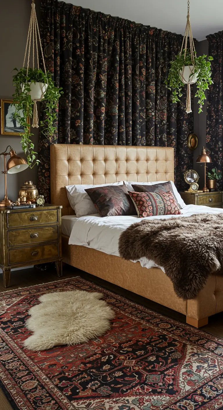 Bedroom with a tan leather bed, hanging plants, and a Persian rug.