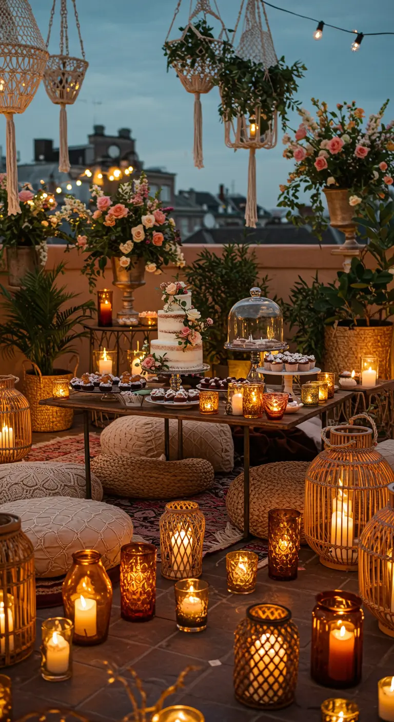 Boho rooftop party at dusk with floor cushions, dozens of lanterns, and a layered dessert table.