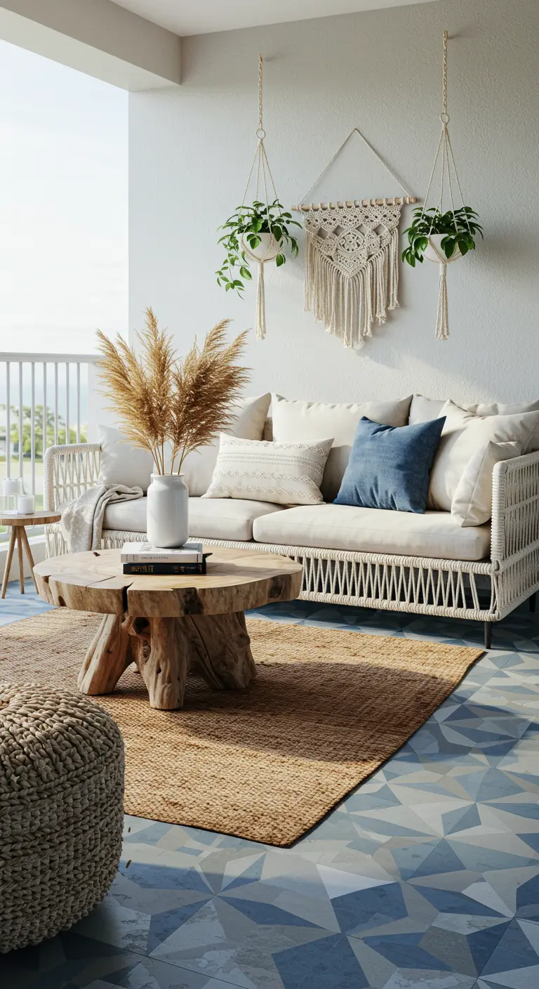 A boho coastal balcony with a rope sofa, jute rug, macrame wall hangings, and patterned floor.