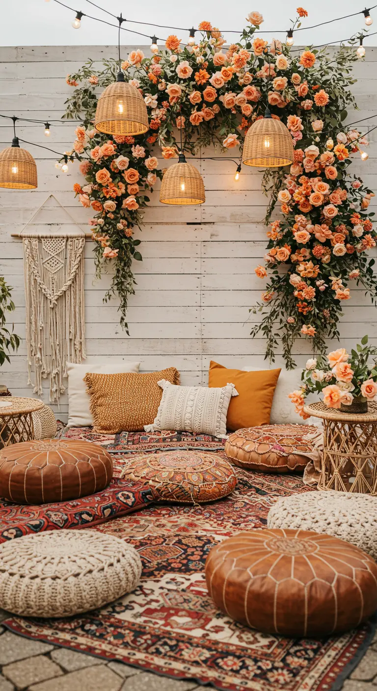 A bohemian patio with layered rugs, leather poufs, and a dramatic arch of peach roses overhead.