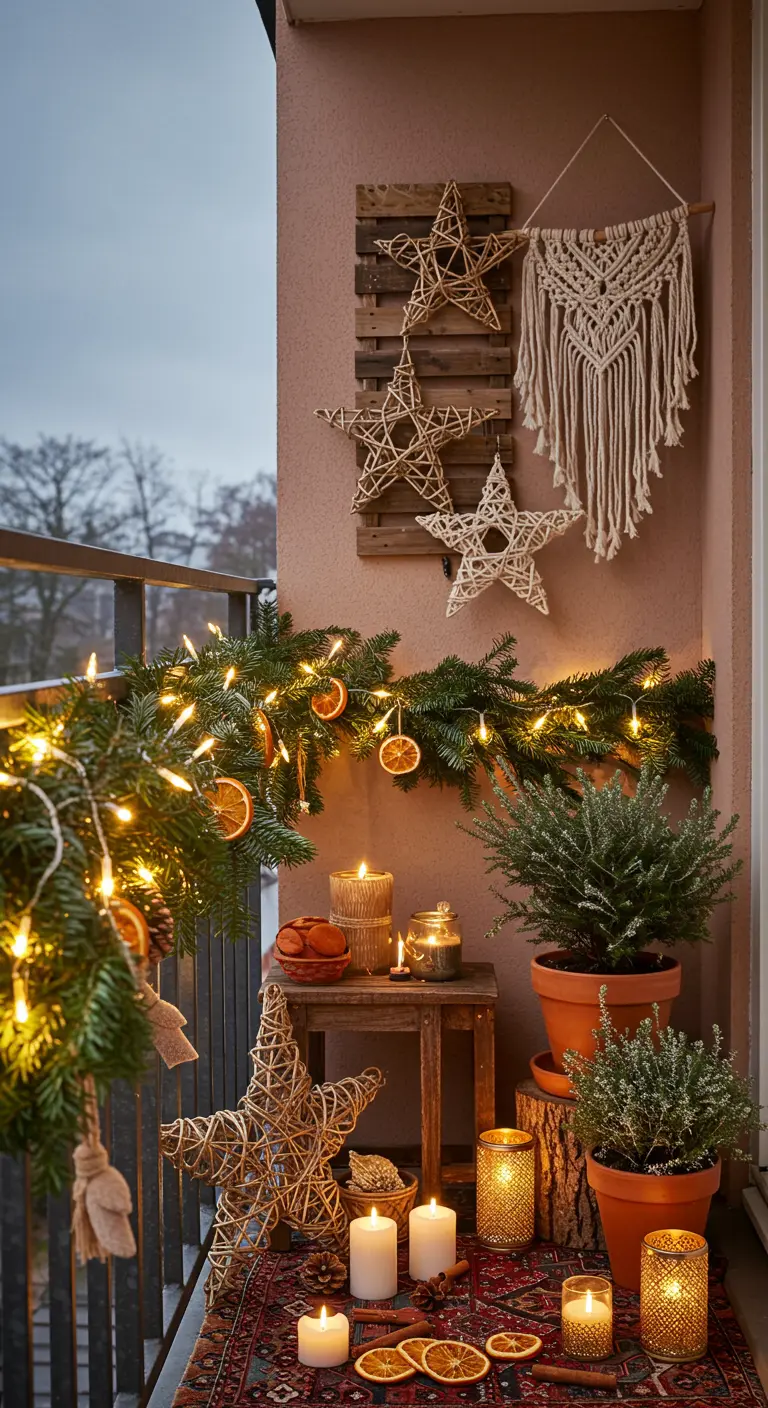 A cozy, boho balcony with garland, dried oranges, rattan stars, macrame, and candles.