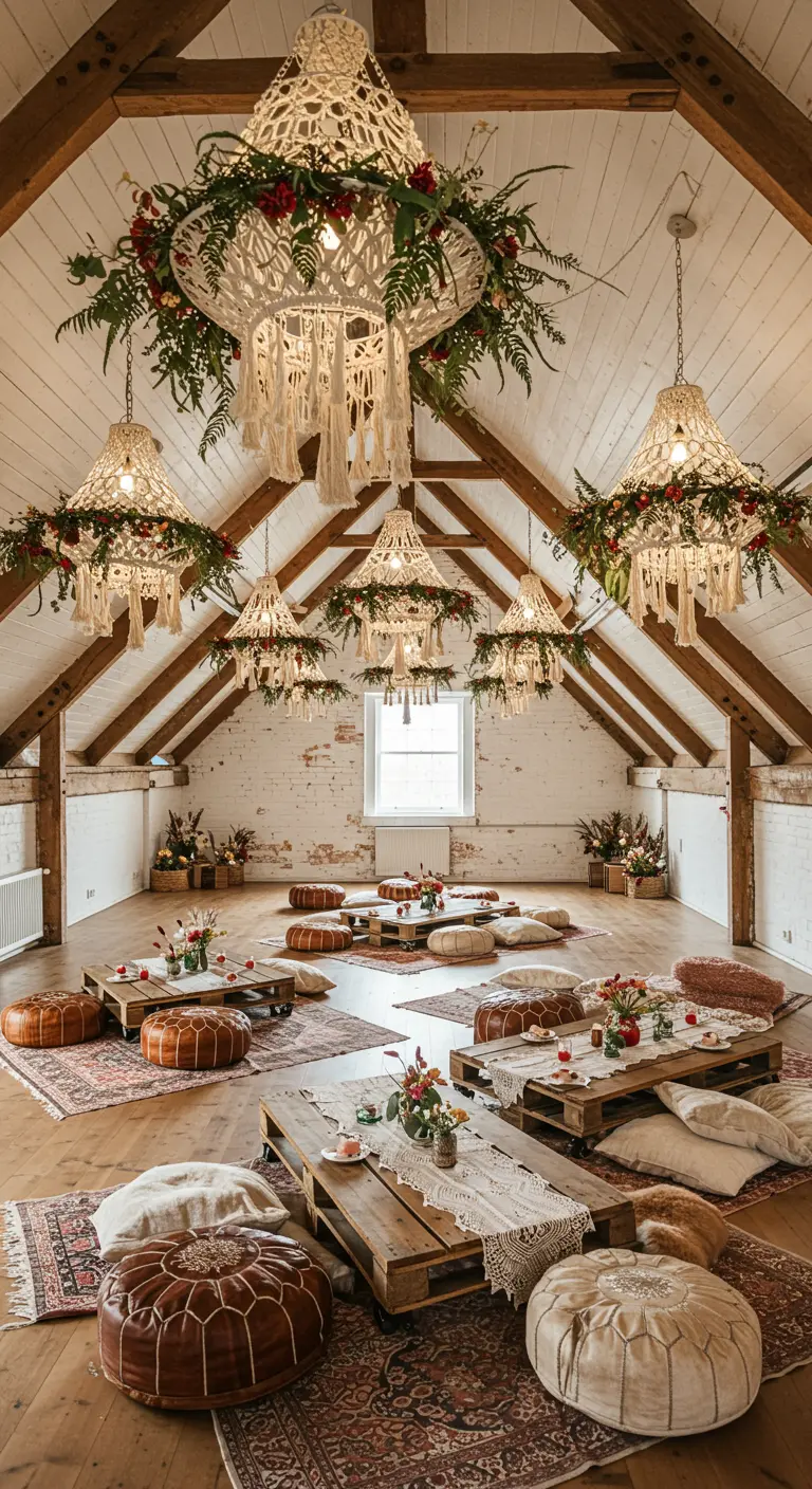 A large event space with vaulted ceilings, macramé chandeliers, and low pallet tables with poufs.