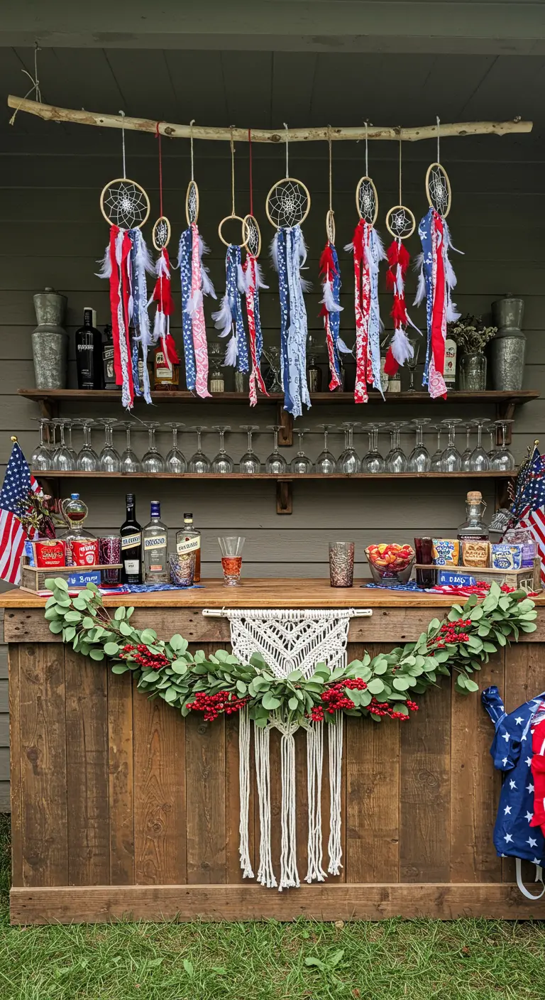 A rustic outdoor bar decorated with fabric streamers, a macrame hanging, and a botanical garland.