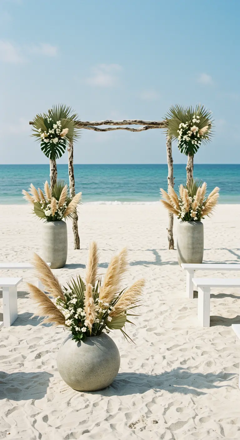 A beach wedding arch flanked by large concrete urns with pampas grass and palm leaves.
