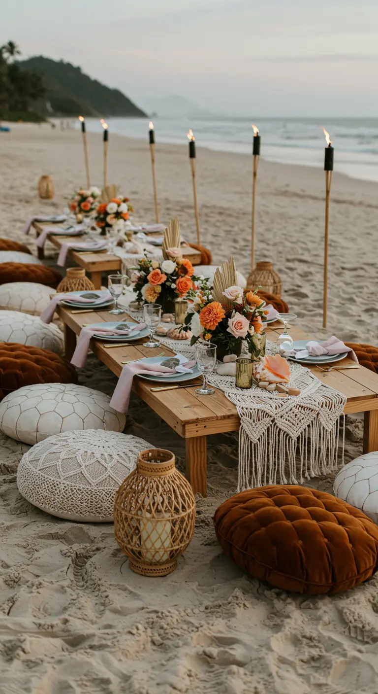 Low wooden picnic table on the beach with floor cushions, macrame runner, and tiki torches.