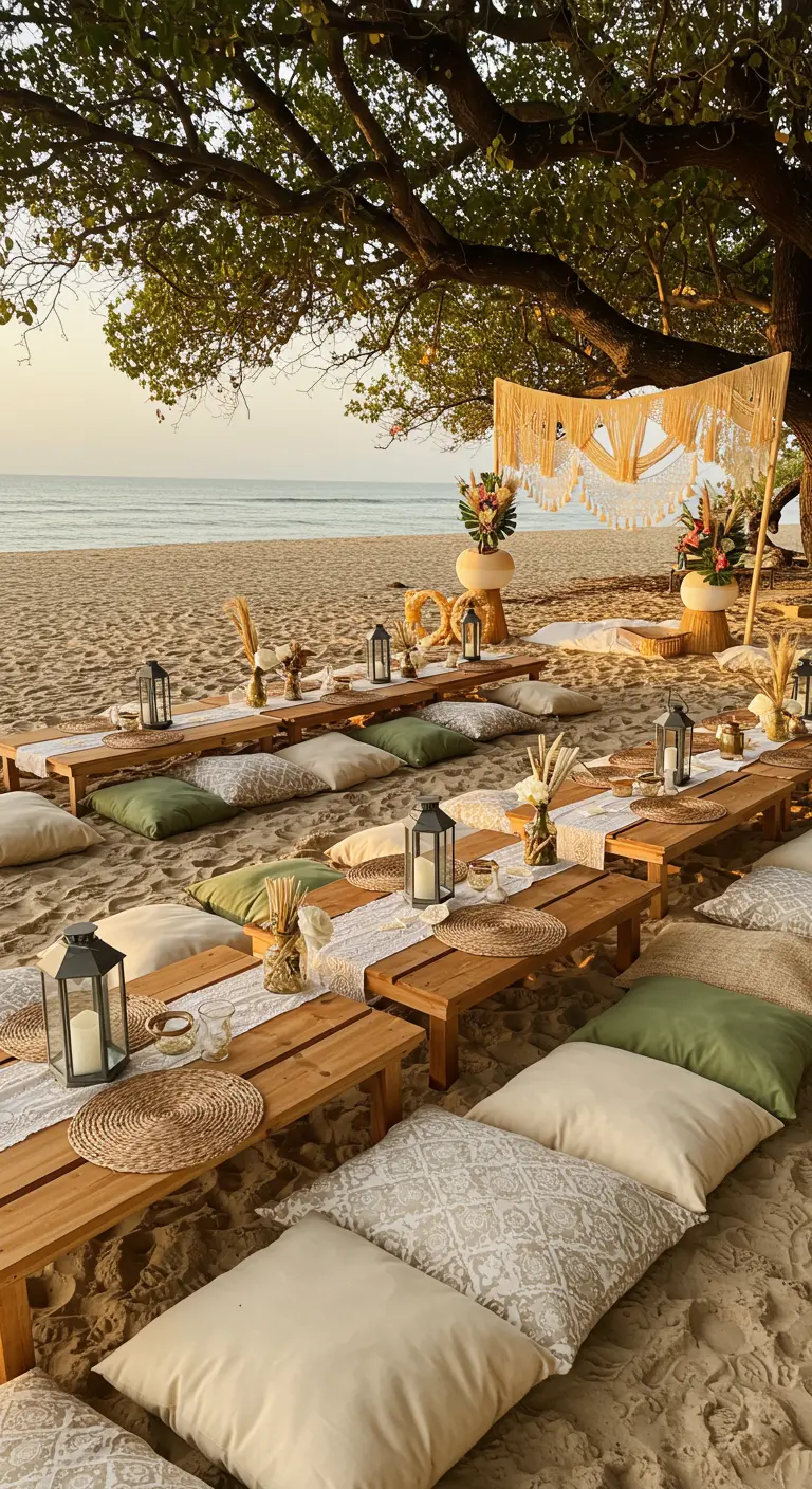 Bohemian beach picnic with low tables, floor cushions, and lantern decor on the sand.