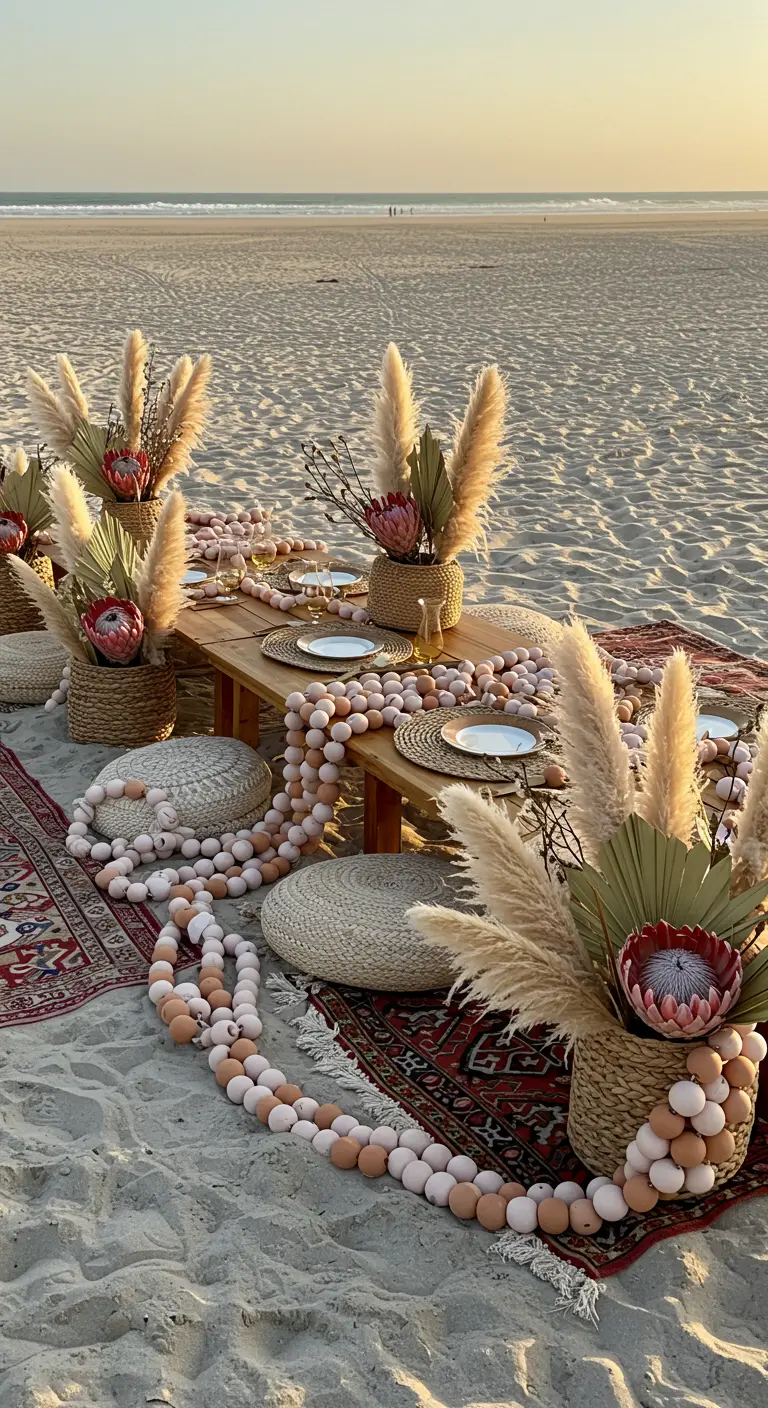 Beach picnic with woven baskets of pampas grass and large wooden bead garlands on the sand.