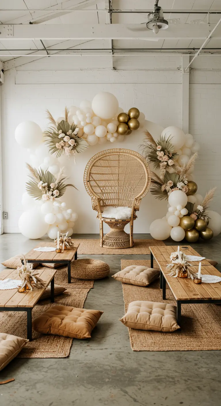Boho-style balloon arch with pampas grass framing a peacock chair.