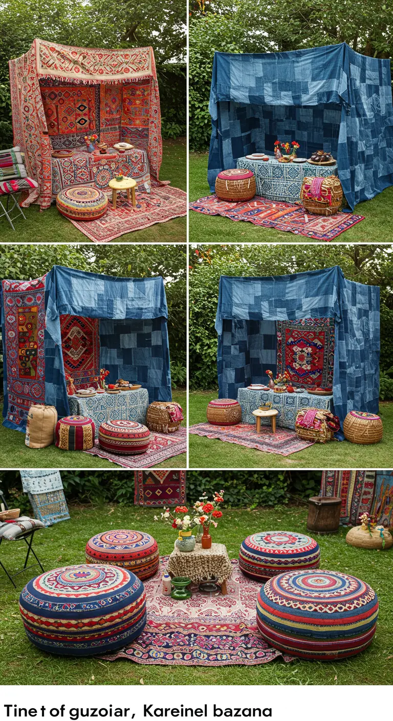 An outdoor tent made from a patchwork of colorful fabrics, quilts, and rugs.
