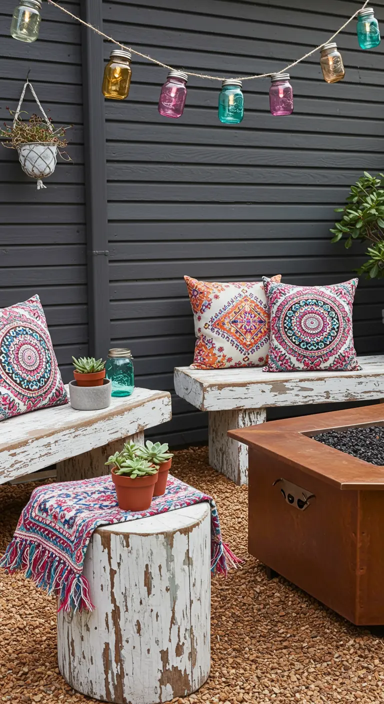 A fire pit area with whitewashed benches, colorful boho pillows, and multi-colored mason jar lights.