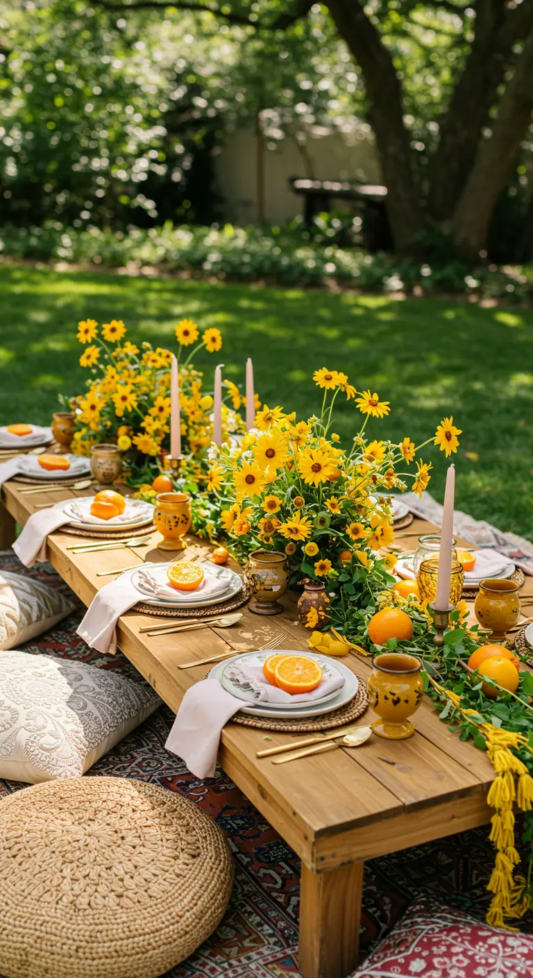 Low picnic table on a lawn with pillows, rugs, and wild yellow daisy bouquets.