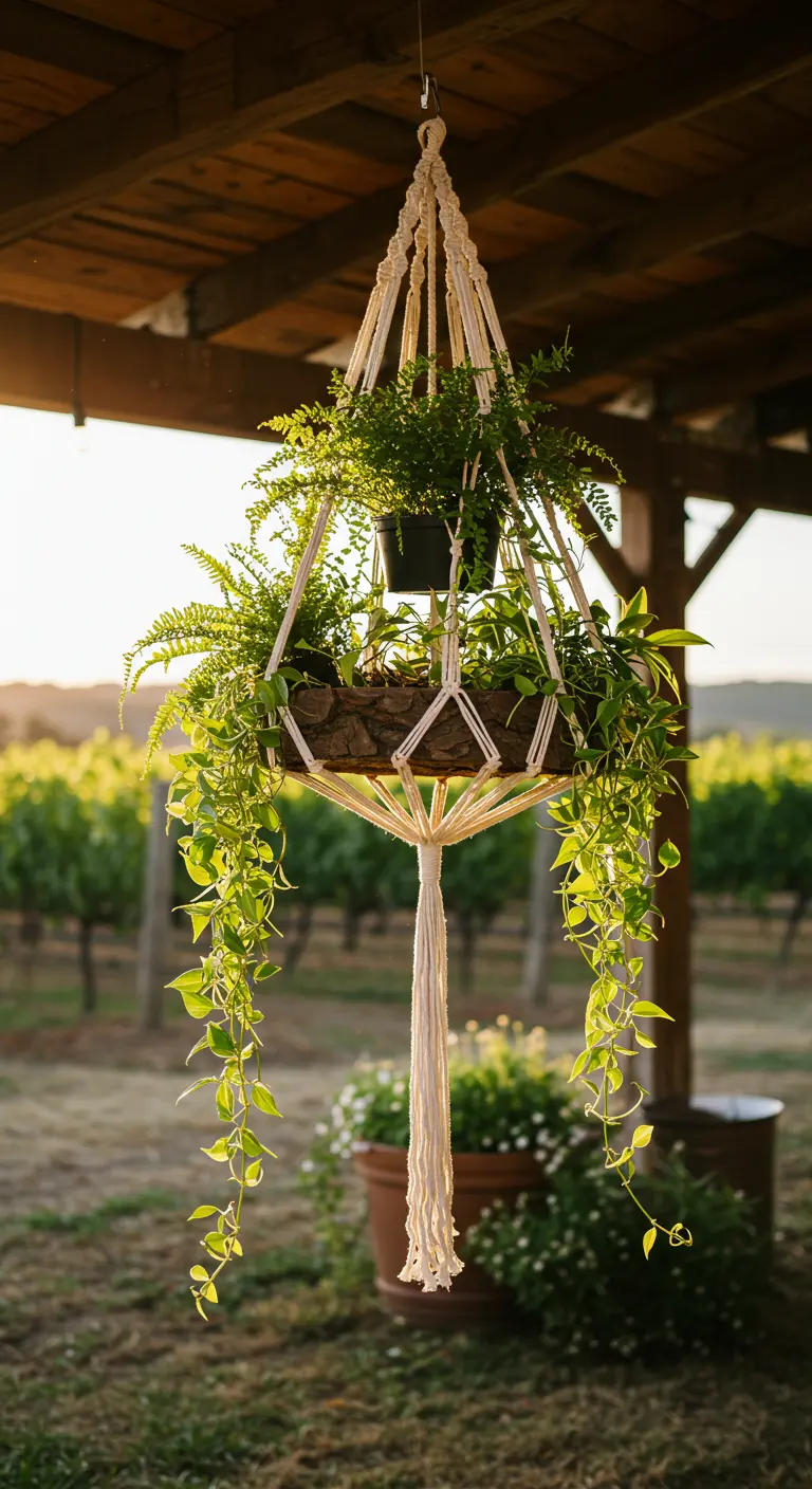 A large macrame plant hanger holding a basket filled with various green ferns and trailing plants.