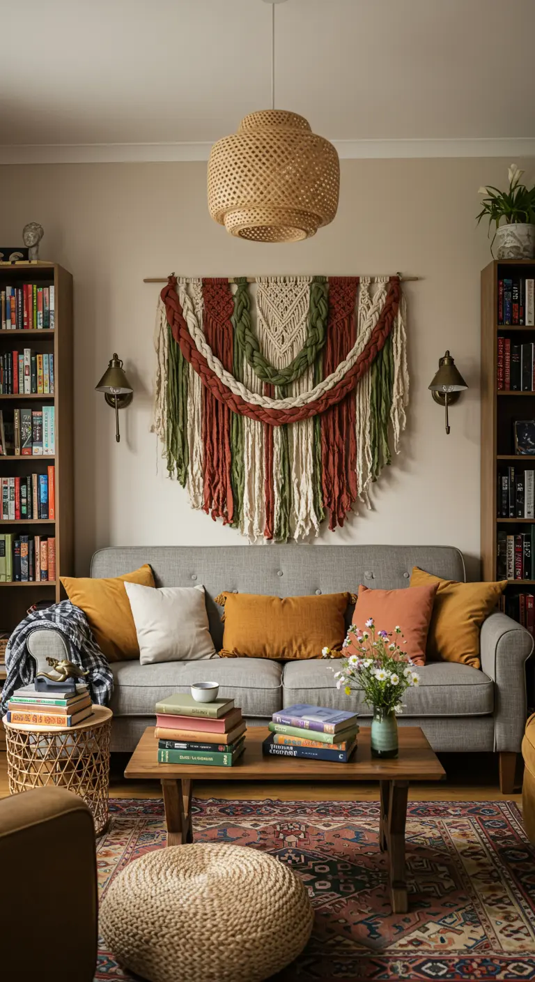 A large, layered wall hanging made of macrame and chunky yarn hangs over a sofa.