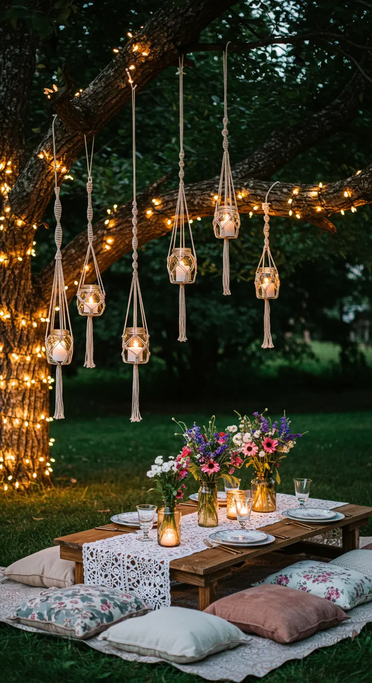 Macrame hangers holding candle jars, suspended from a tree branch over a picnic setup.