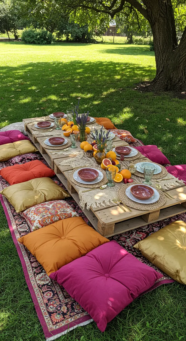 A low pallet table set for a picnic on a lawn with colorful cushions.