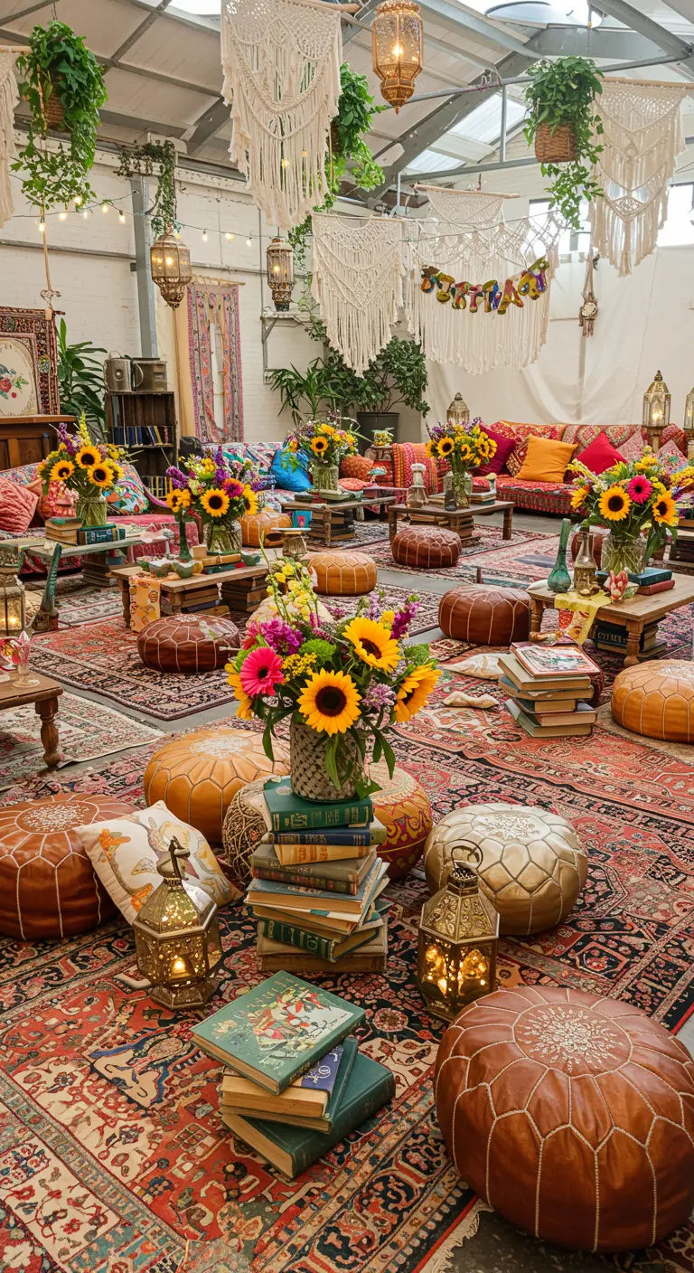 Bohemian lounge with colorful rugs, poufs, low tables, and book stacks with sunflowers.