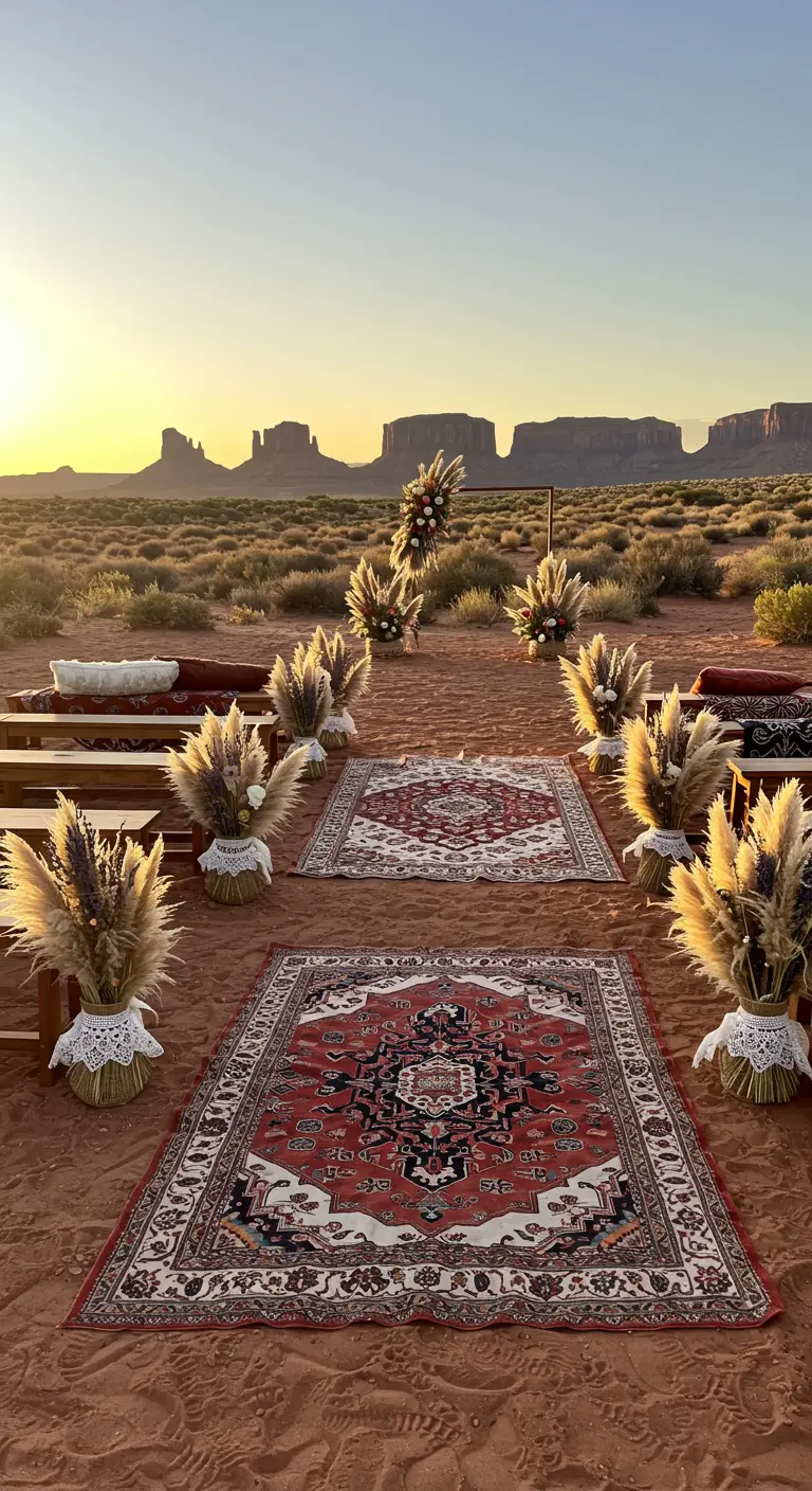 Desert wedding aisle with rugs and baskets of pampas grass.