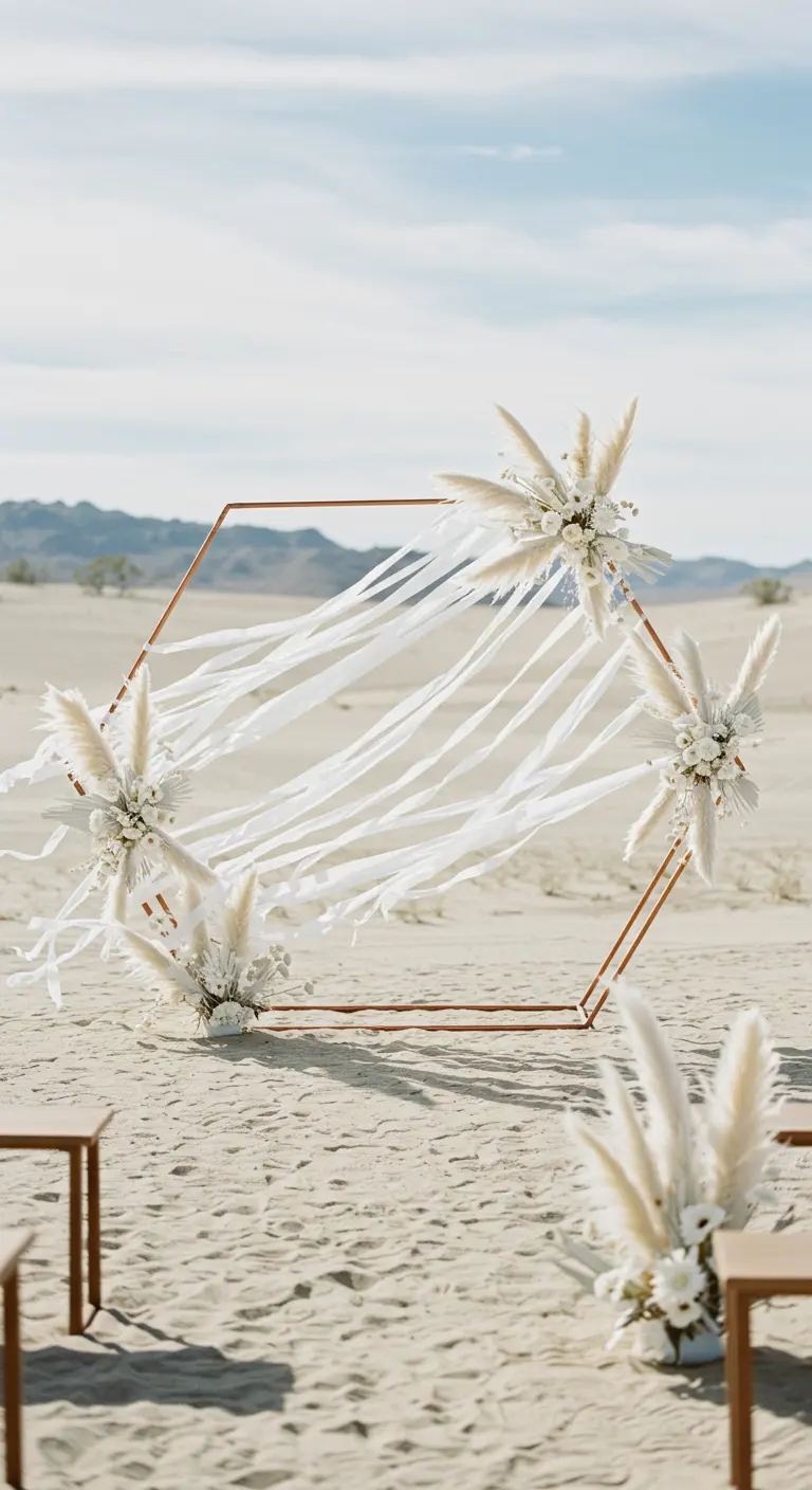 A copper hexagonal wedding arch with pampas grass and white ribbons in a sandy desert setting.