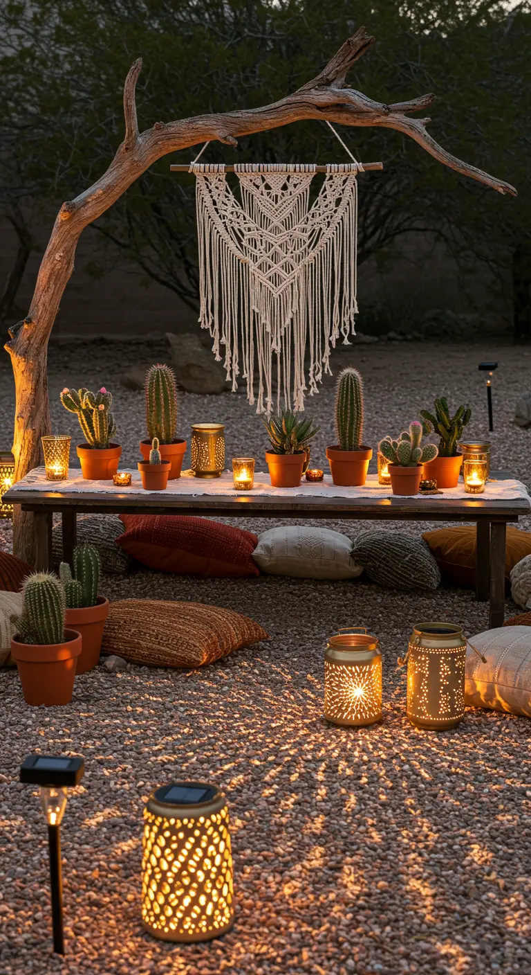 An outdoor desert-themed party setting with cacti, macrame, and glowing lanterns.