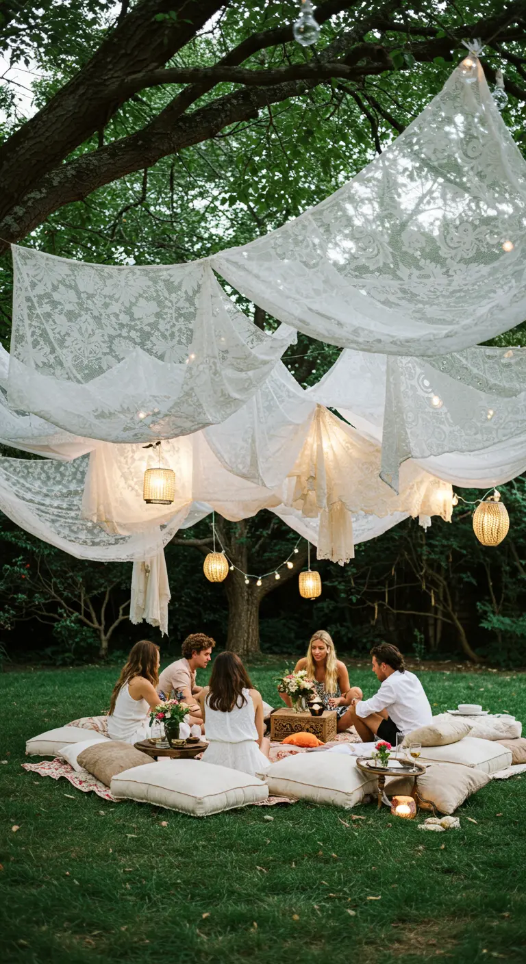 Friends picnicking under a large, dreamy canopy made of white lace.