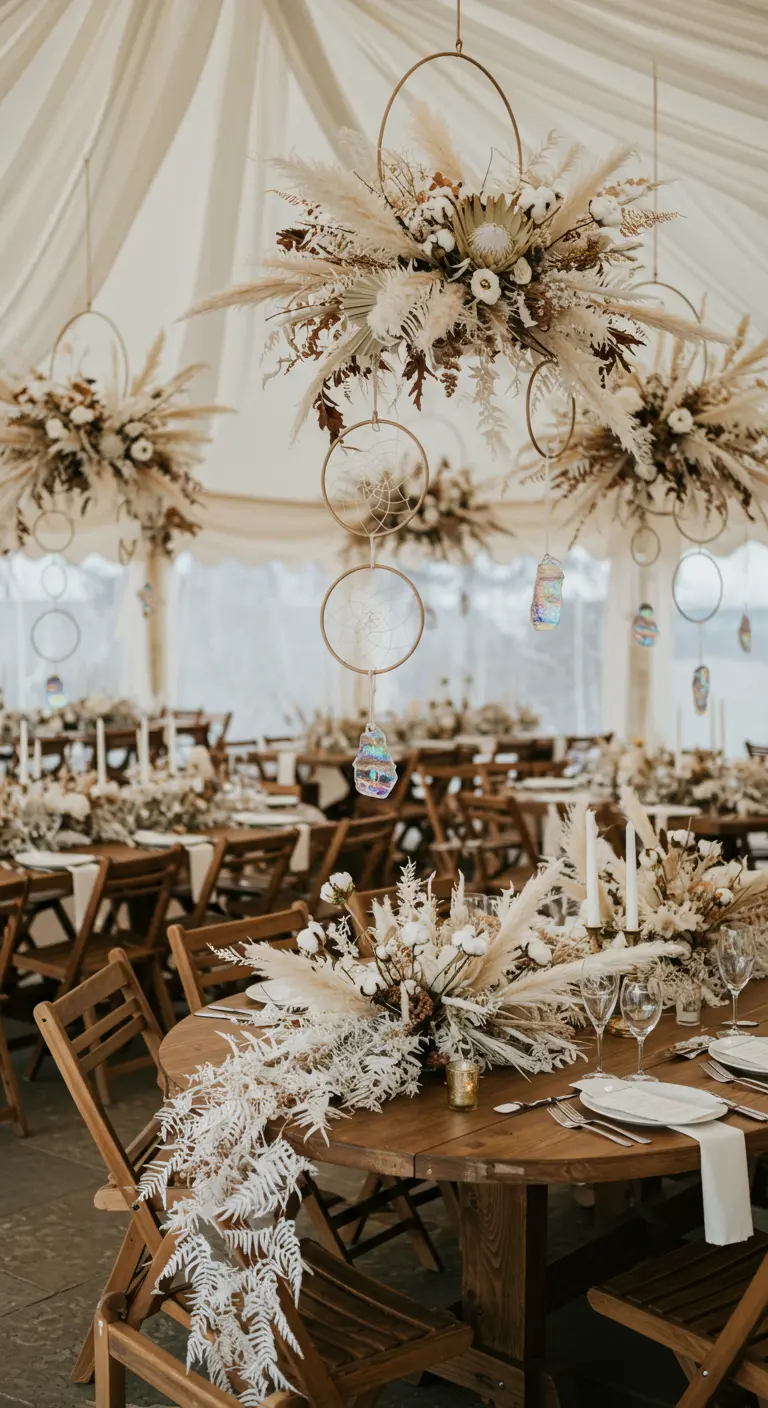 Boho wedding tables with dried floral centerpieces and hanging dreamcatcher hoops.