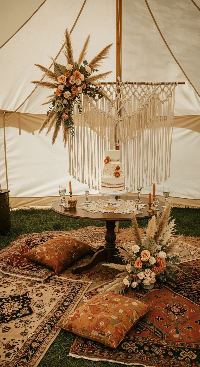 Boho wedding cake display in a tent with a macrame backdrop, pampas grass, and floor cushions.