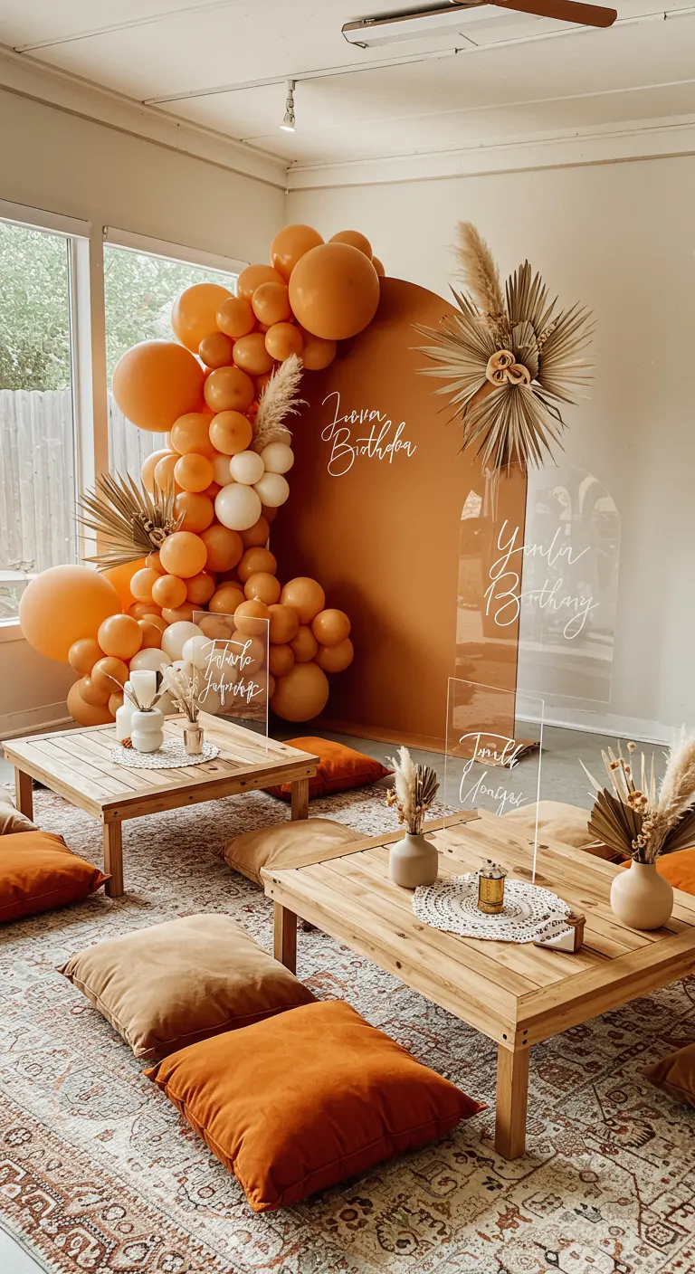 Earth-toned balloon arch with acrylic signs for a boho picnic party.