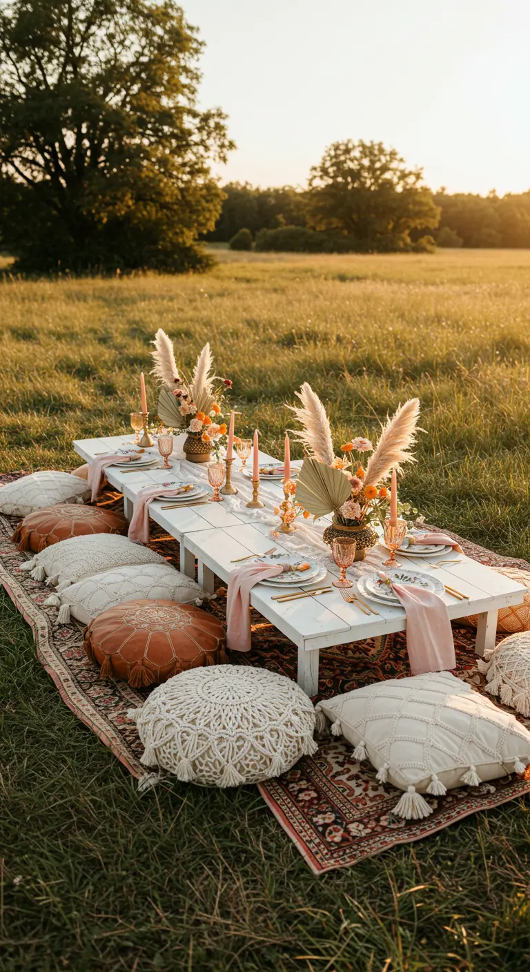 Boho picnic in a field with a low white table, pampas grass, and leather poufs.