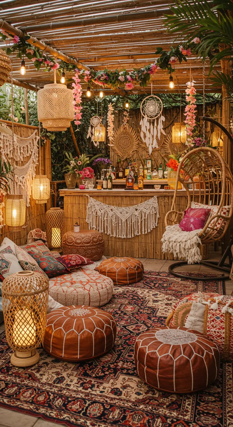 A bohemian tiki lounge with layered rugs, macrame, poufs, and a hanging egg chair.