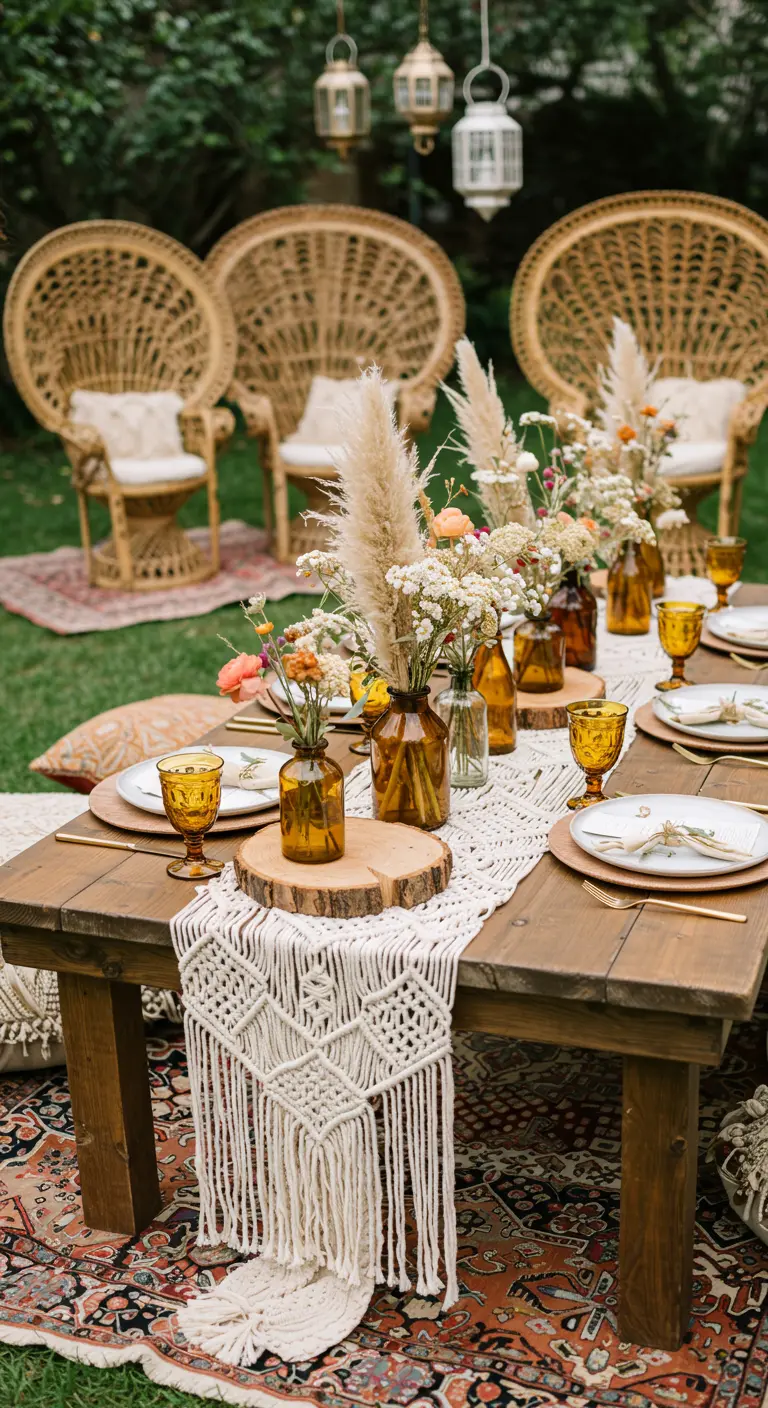 A low boho-style table with a macrame runner, pampas grass, and amber glass.