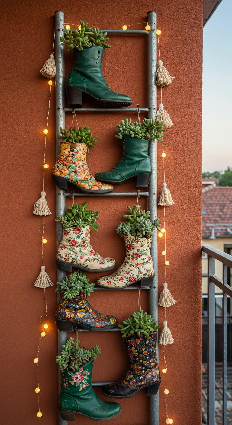 Floral and green boots with succulents arranged on a ladder with fairy lights.