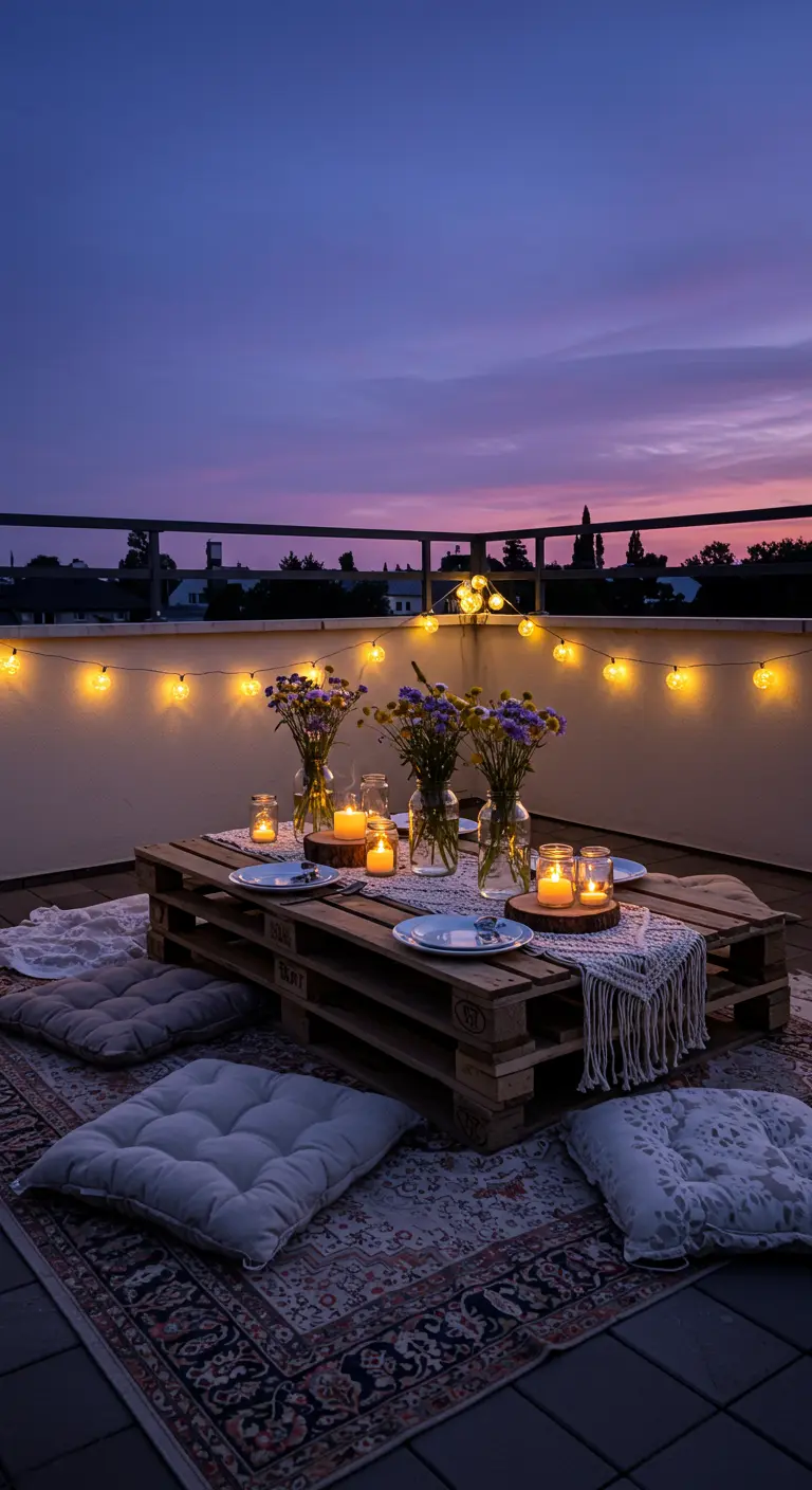 A low pallet table on a rooftop, decorated with pillows, candles, and string lights.